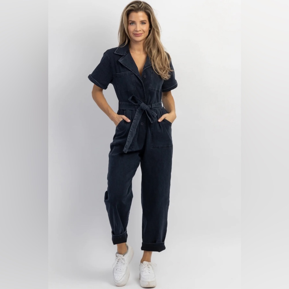 NWT L’ABEYE Revolution Black Denim Utility Jumpsuit sz L